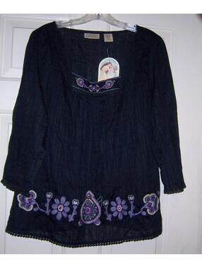 Art & Soul Black Embroidered 3/4 Sleeve Tunic Blouse XL -NWT